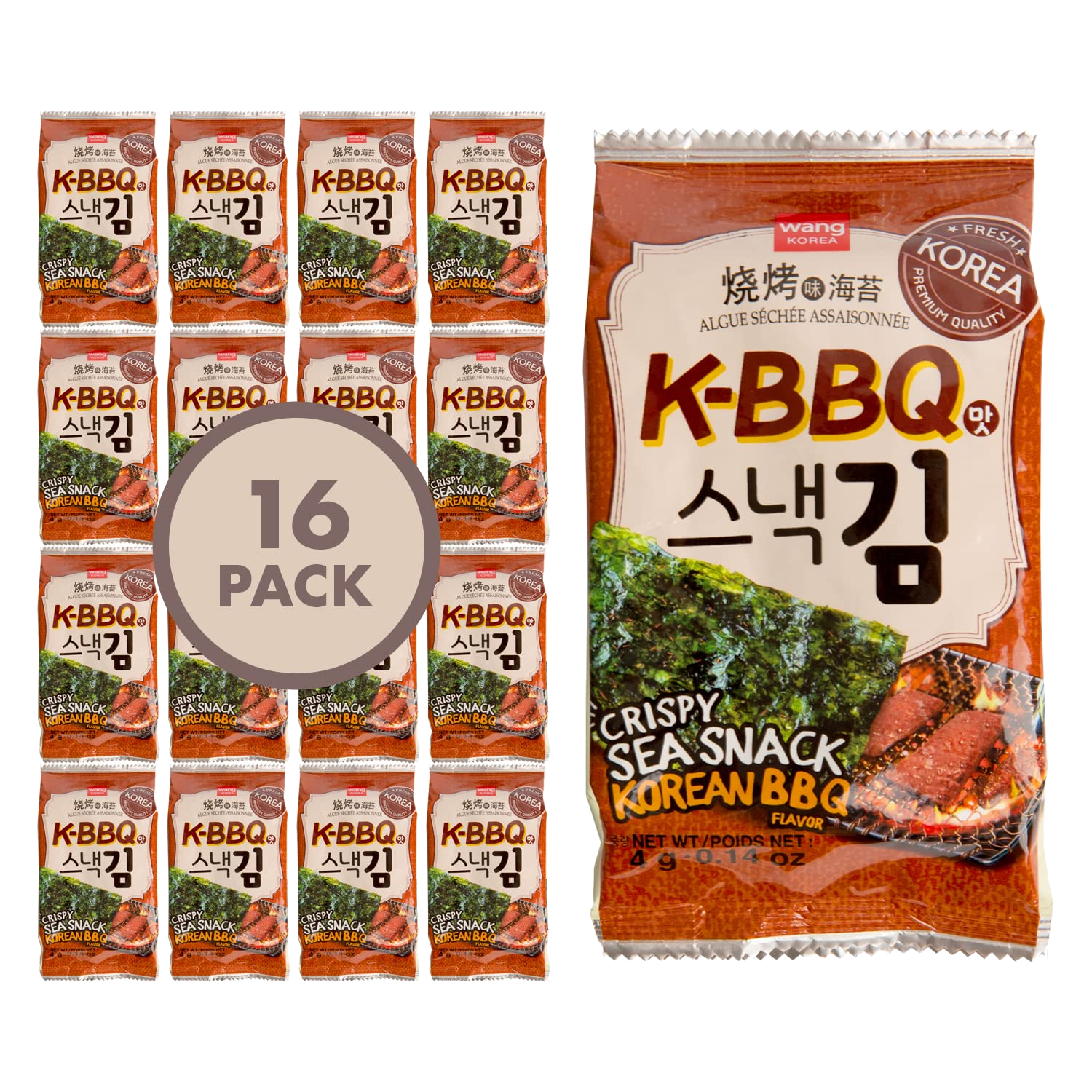 Wang Roasted Seaweed Snack, Korean Barbeque Flavored, Keto-friendly, Healthy Snack Pack of 16, 64g