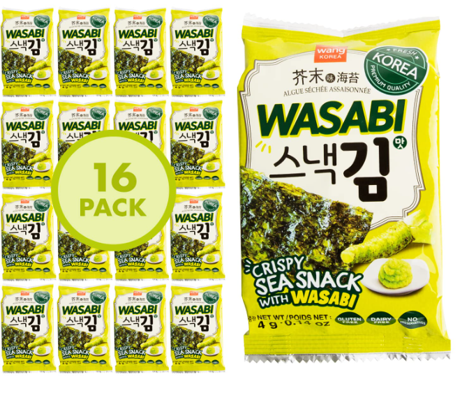 Wang Korean Roasted Seaweed Snack with Wasabi, Keto-friendly, Vegan, Gluten-Free, Healthy Snack, Pack of 16