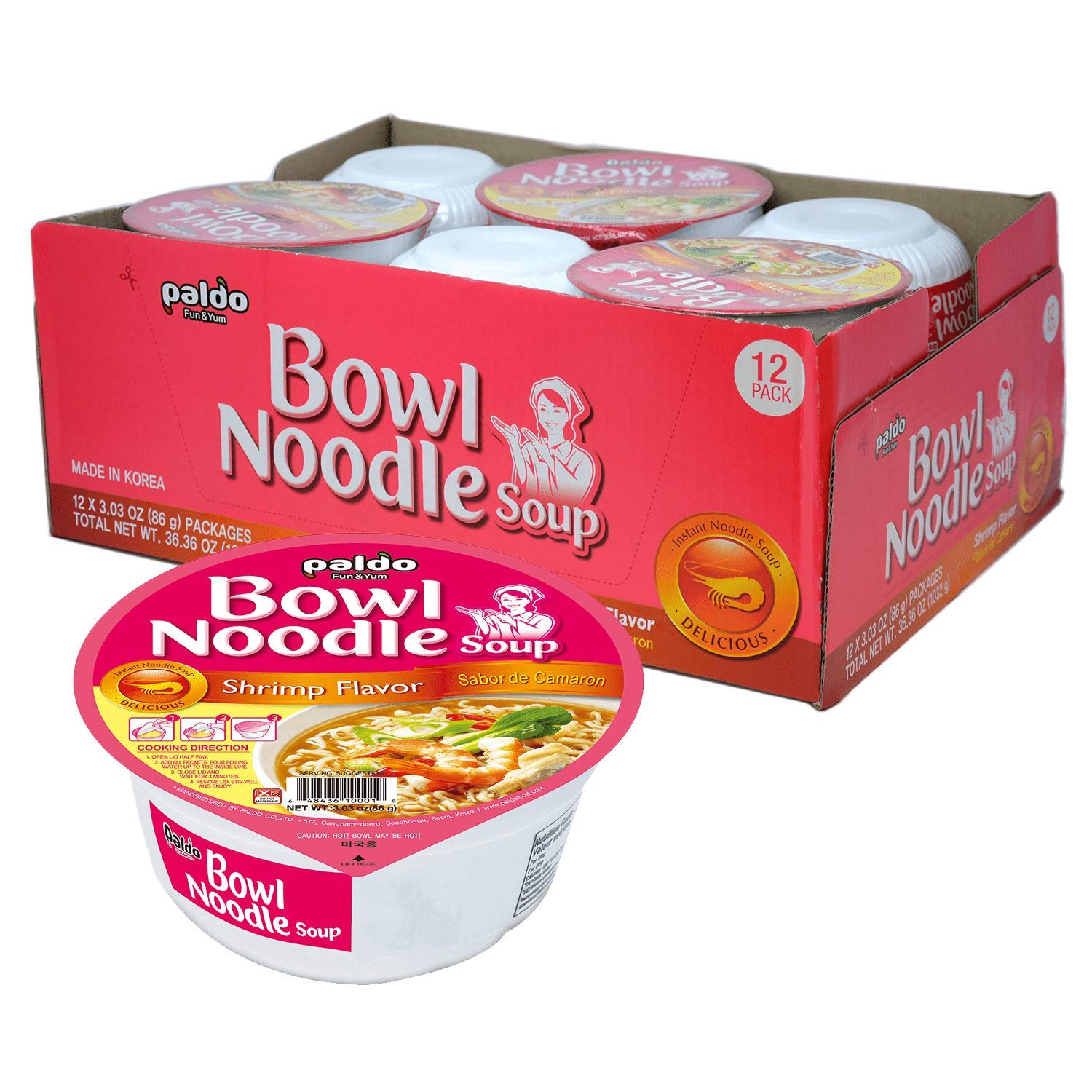 Paldo Fun & Yum Instant Cup Noodle Soup Bowl with Seafood Shrimp Flavored Broth